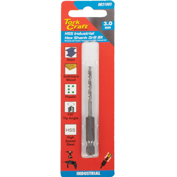 Image of a Tork Craft Drill Bit HSS 3.0mm 135deg Hex Shank Industrial Bit