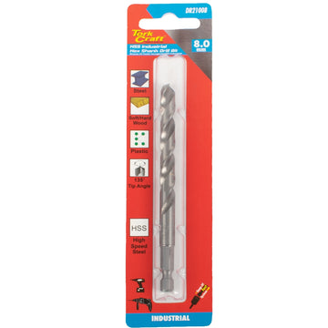 Image of a Tork Craft Drill Bit HSS 8.0mm 135deg Hex Shank Industrial Bit