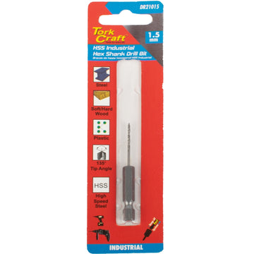 Image of a Tork Craft Drill Bit HSS 1.5mm 135deg Hex Shank Industrial Bit