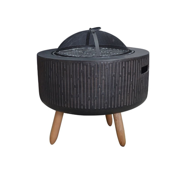 Image of a CASA CALORE Firepit Enji 53cm with Braai function and Cover on Wooden Legs 1