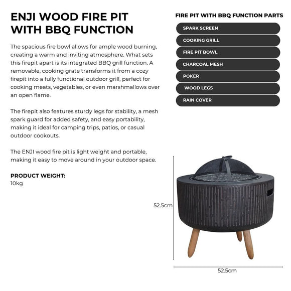 Image of a CASA CALORE Firepit Enji 53cm with Braai function and Cover on Wooden Legs 2