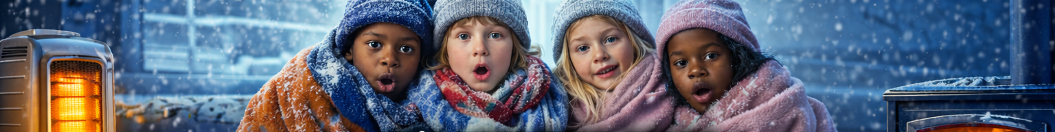 Children bundled up against a cold winter backdrop with text promoting heaters and fireplaces.