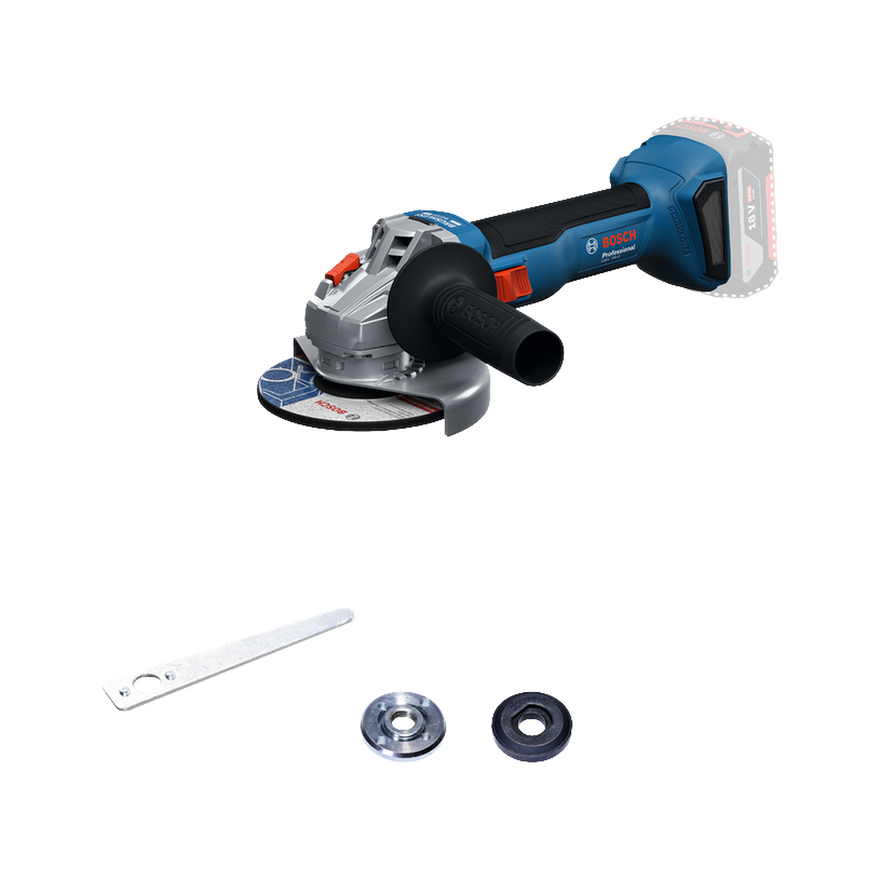 Bosch angle grinder with accessories on a white background