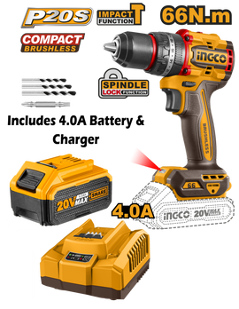 Ingco Lithium-Ion Cordless 66NM Impact Drill Kit (20V)