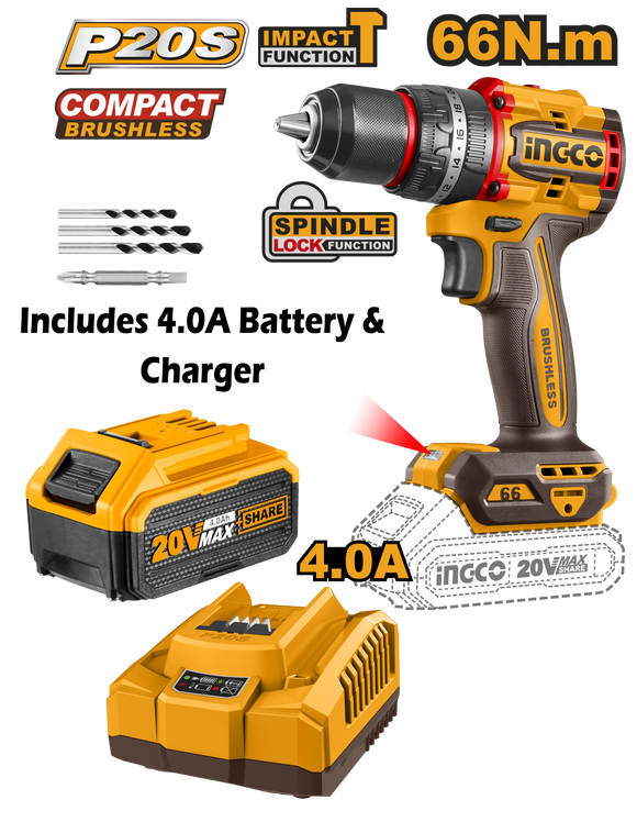 Ingco Lithium-Ion Cordless 66NM Impact Drill Kit (20V)