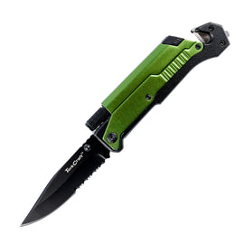 Image of a Tork Craft Knife Survival Green With LED  Light & Fire Starter In Double Blister