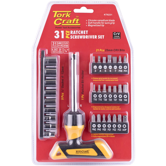 Image of a Tork Craft 31pc Screwdriver Ratchet T-handle Bit Set