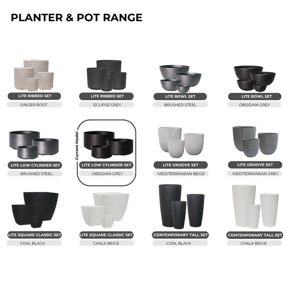 Image of a CASA CALORE Flower Pots and Planters, Ultralight Low 6kg/Set 3 Low Cylinder design - Obsidian Grey 2