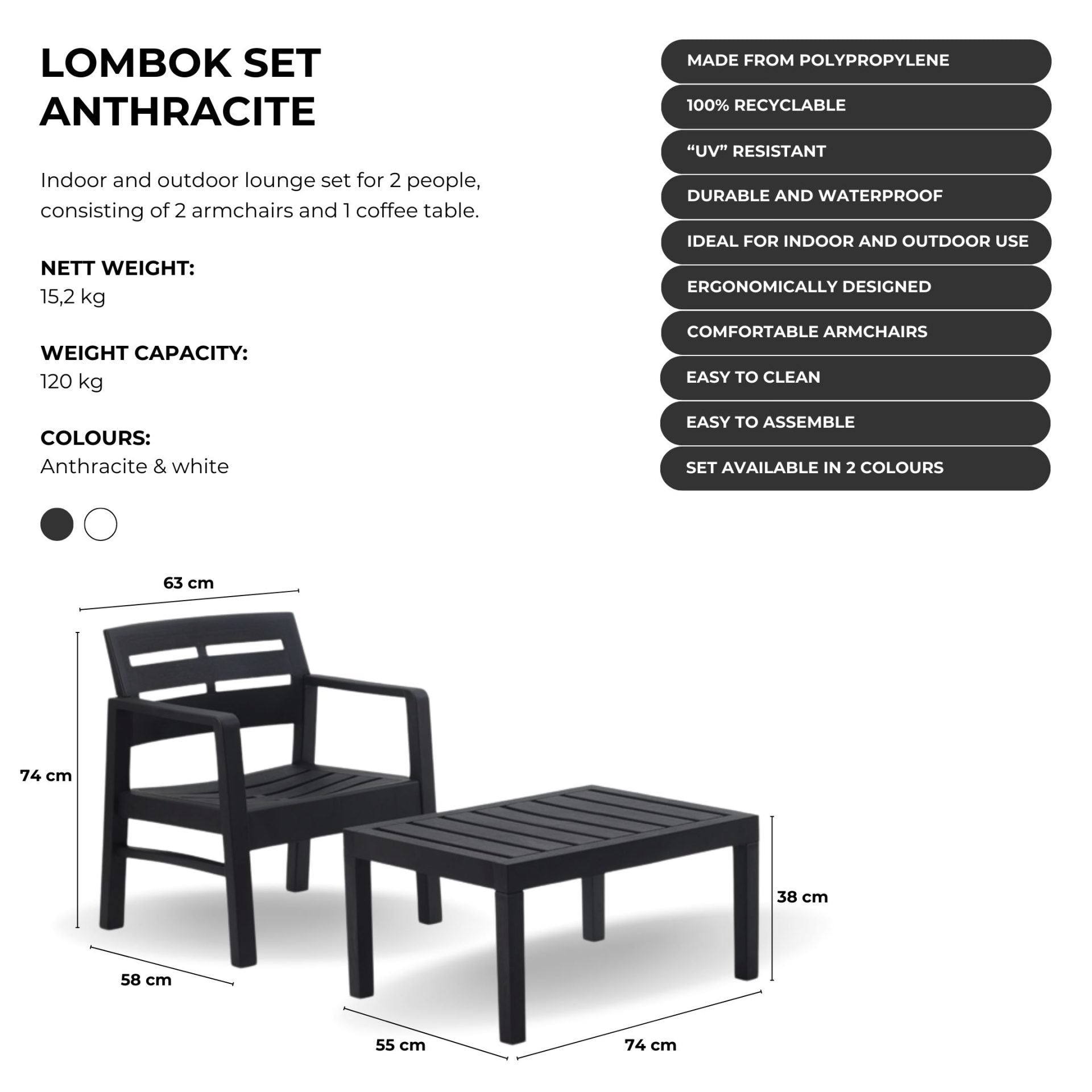 Image of a ECONOFURN Lombok 3 Piece Patio / Balcony Set - Anthracite 2