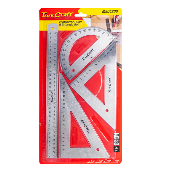 Image of a Tork Craft Protractor Ruler & 2 X Traingle Set 4pc