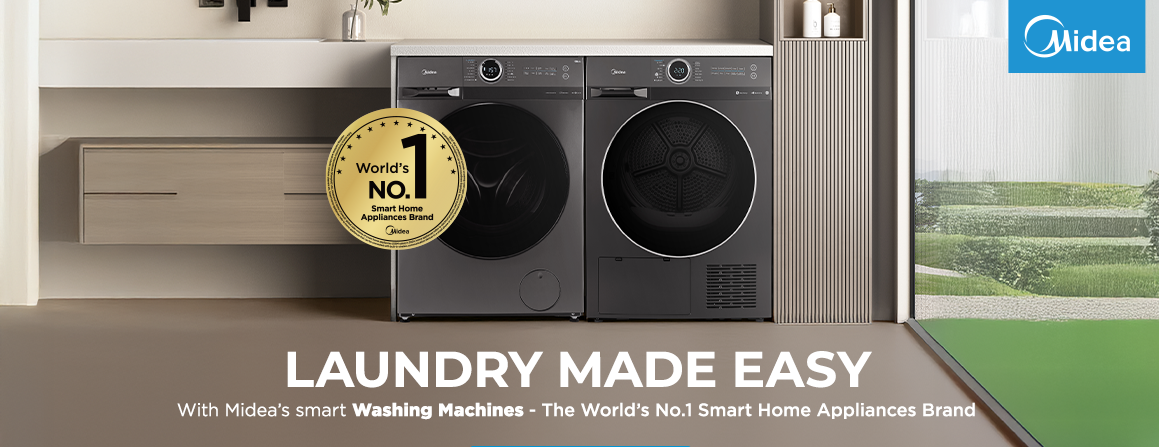 Midea washing machine and dryer set with a gold medal and 'Shop Now' button on a modern kitchen background.