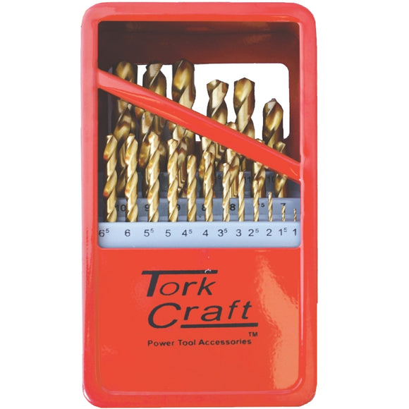 Image of a Tork Craft Drill Bit Set 25pce Tin. Coated Metal Case
