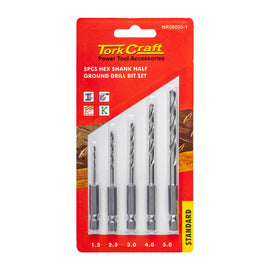 Image of a Tork Craft Drill Bit Set 5pcs HSS Half Ground Hex Shank 1.5/2.5/3/4/5mm  POLished