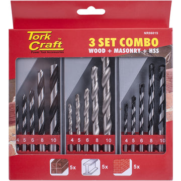 Image of a Tork Craft Drill Bit 3 Set Combo Wood + Masonry + HSS