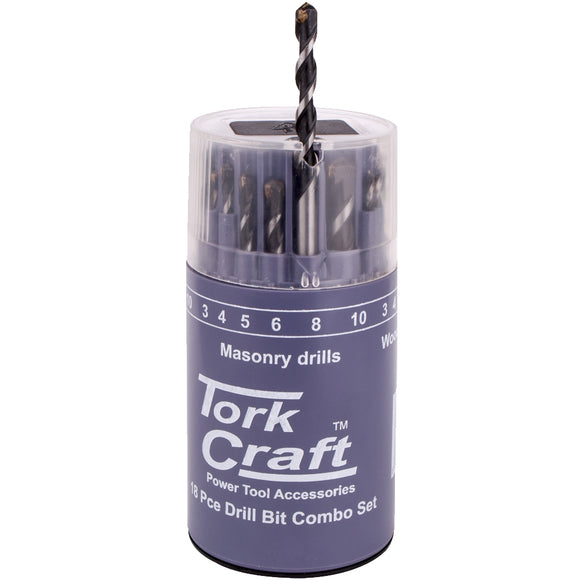 Image of a Tork Craft Drill Bit 18 Set Combo Wood + Masonry + HSS In Plastic Container