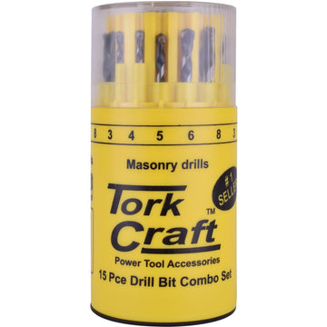 Image of a Tork Craft Drill Bit 15pc Set Combo Wood + Masonry + HSS In Plastic Container