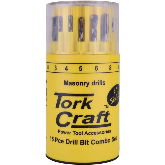 Image of a Tork Craft Drill Bit 15pc Set Combo Wood + Masonry + HSS In Plastic Container