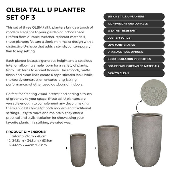 Image of a CASA CALORE OLBIA Flower Pots & Planters, Lightweight 22kg Set 3 Cylindrical U Shape 2