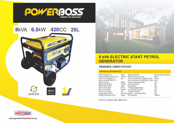 Powerboss 8Kva / 6.5Kw Electric Start Petrol Generator PB8000ES