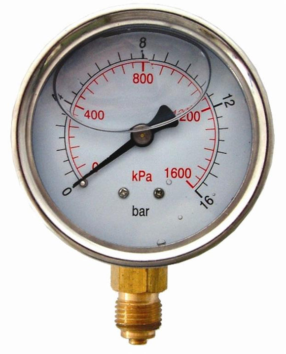 Image of an AirCraft Pressure Gauge 63mm Glycerine 1/4' Bottom Fit Metal Case 0-16Bar 0-1600Kpa