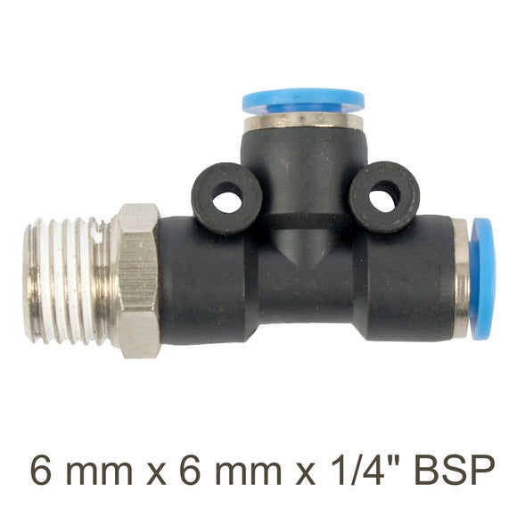 Image of an AirCraft PU Hose Fitting Tee 6mmX 6mmX 1/4'M