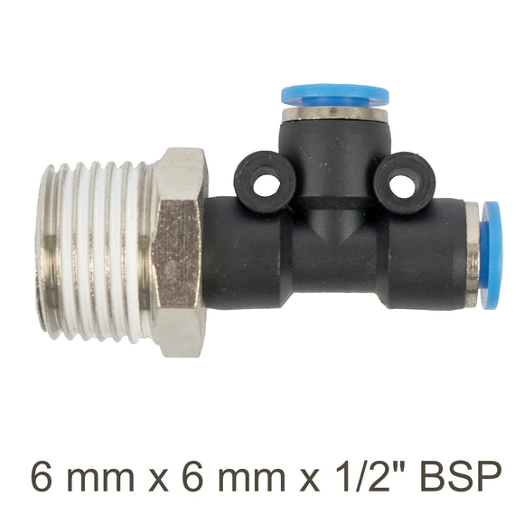 Image of an AirCraft PU Hose Fitting Tee 6mmX 6mmX 1/2'M