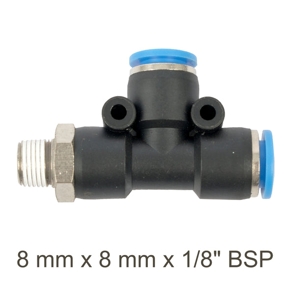 Image of an AirCraft PU Hose Fitting Tee 8mmX 8mmX 1/8'M