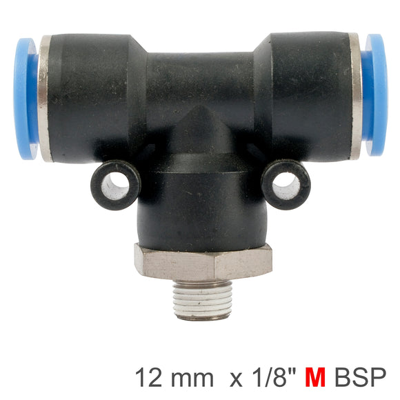 Image of an AirCraft PU Hose Fitting Tee 12mm-1/8 M