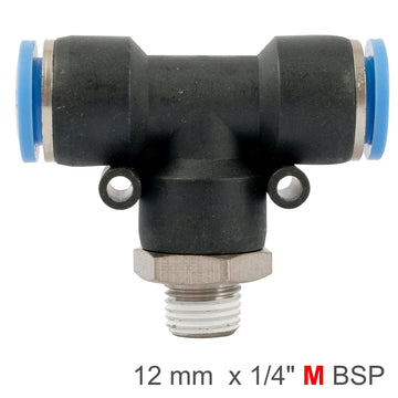 Image of an AirCraft PU Hose Fitting Tee 12mm-1/4 M
