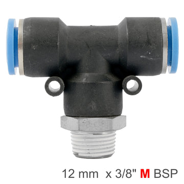 Image of an AirCraft PU Hose Fitting Tee 12mm-3/8 M