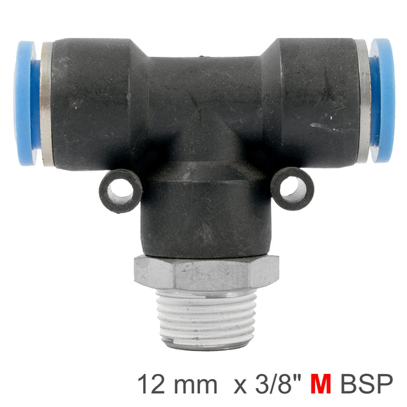Image of an AirCraft PU Hose Fitting Tee 12mm-3/8 M