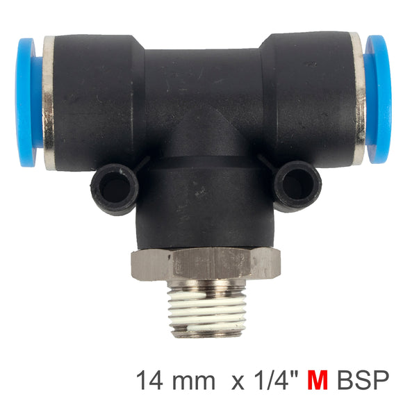 Image of an AirCraft PU Hose Fitting Tee 14mm-1/4 M