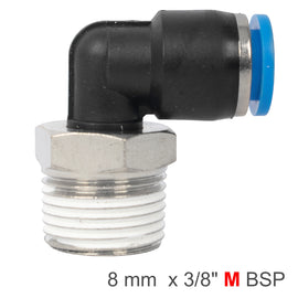 Image of an AirCraft Elbow 8mm-3/8 M PU Hose Fitting