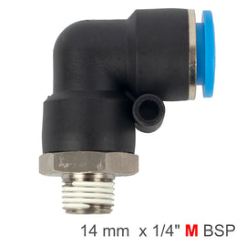 Image of an AirCraft Elbow 14mm-1/4 M PU Hose Fitting