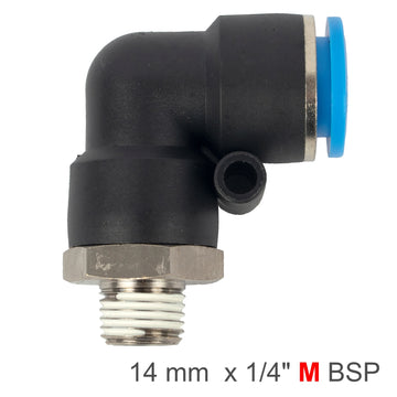 Image of an AirCraft Elbow 14mm-1/4 M PU Hose Fitting