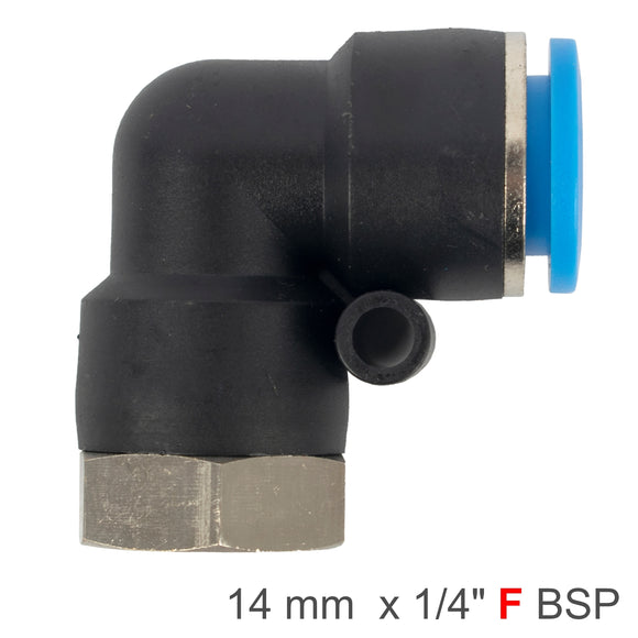 Image of an AirCraft PU Hose Fitting Elbow 14mm-1/4 F