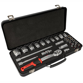 Image of a Tork Craft Socket & Ratchet Set 27pc 1/2' Dr CRV 8-32mm 12 Point Metal Case