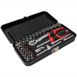 Image of a Tork Craft Socket & Ratchet Set 34pc 1/4' Dr CRV 4-14mm 12 Point Metal Case