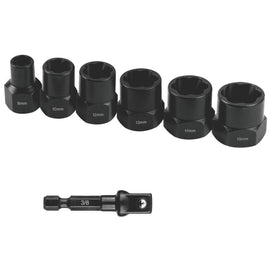 Image of a Tork Craft Bolt Extract Set 7pce 8/10/12/13/17/19mm 1pc 50mm 1/4' Socket Adaptor