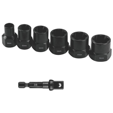 Image of a Tork Craft Bolt Extract Set 7pce 8/10/12/13/17/19mm 1pc 50mm 1/4' Socket Adaptor