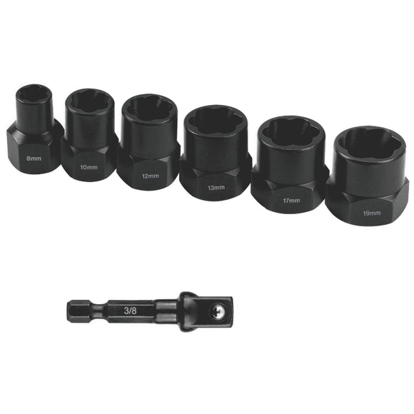 Image of a Tork Craft Bolt Extract Set 7pce 8/10/12/13/17/19mm 1pc 50mm 1/4' Socket Adaptor