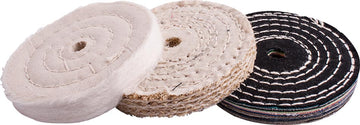 Image of a Tork Craft Buffing Wheel Kit 3pcs 100mm White & Denim Stiched & Sisal  Polishing