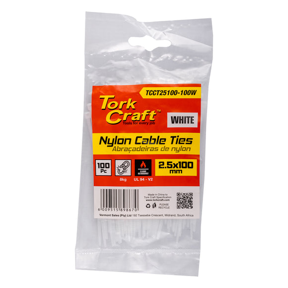 Image of a Tork Craft Nylon Cable Ties 2.5mm X 100mm White 100pc
