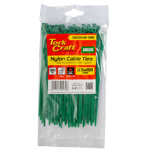 Image of a Tork Craft Nylon Cable Ties 3.5mm X 150mm Green 100pc