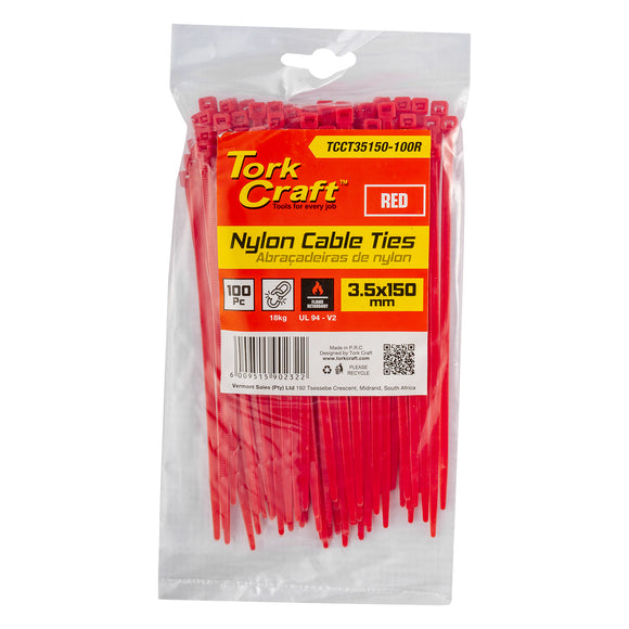 Image of a Tork Craft Nylon Cable Ties 3.5mm X 150mm Red 100pc