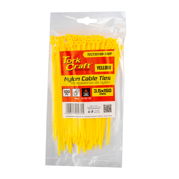Image of a Tork Craft Nylon Cable Ties 3.5mm X 150mm Yellow 100pc