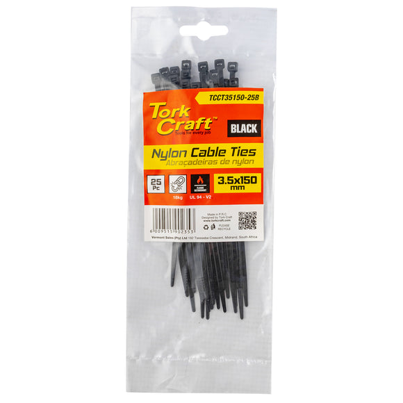 Image of a Tork Craft Nylon Cable Ties 3.5mm X 150mm Black 25pc