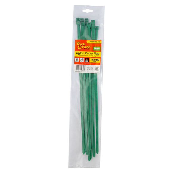 Image of a Tork Craft Nylon Cable Ties 7.6mm X 400mm Green 10pc
