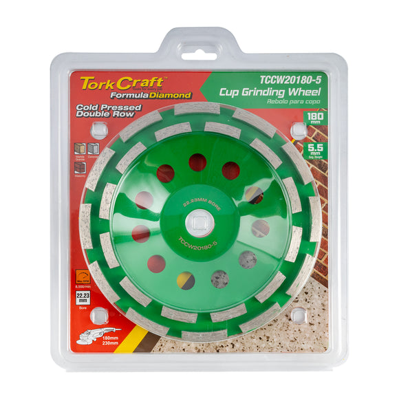 Image of a Tork Craft Cold Pressed Economy Diamond Cup Wheel 180mm X 22.23mm Double Row Contractor