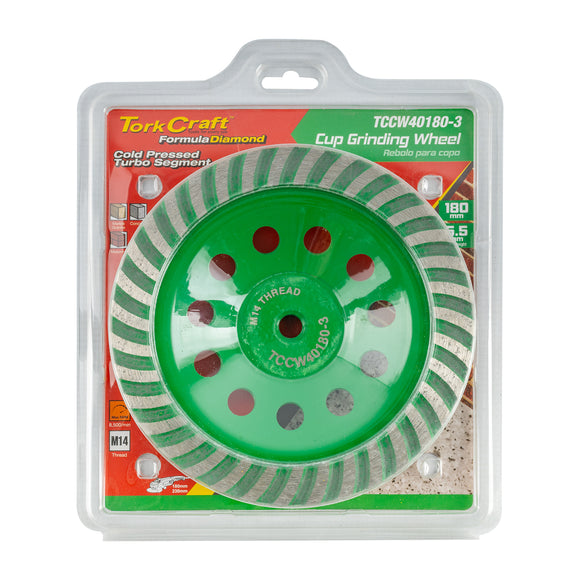 Image of a Tork Craft Diamond Cup Wheel 180mm X M14 Turbo Cold Pressed Contractor
